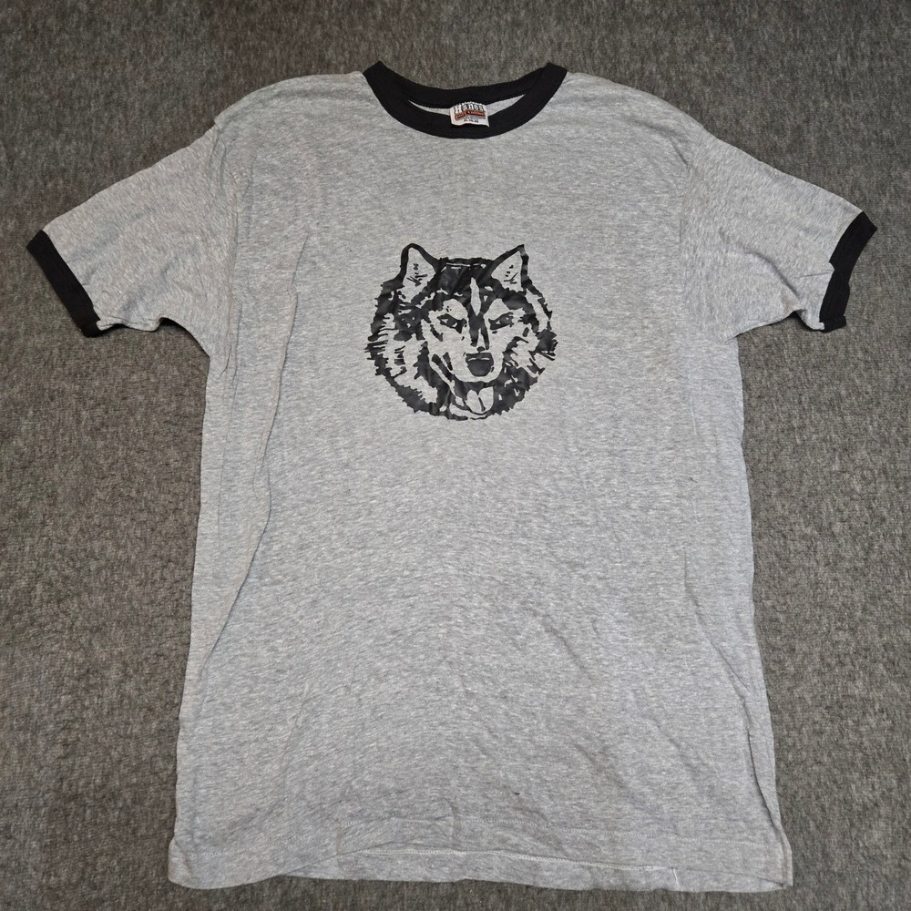 Vintage 80s Hanes Ringer T Shirt Mens XL Gray Wolf Graphic Meetin Burky USA Made